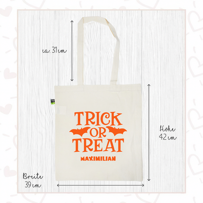 Stofftasche aus Bio- Baumwolle mit Namen | Trick or Treat orange