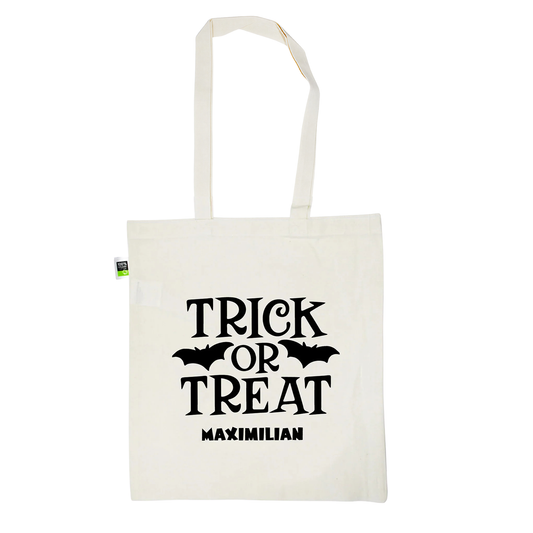 Stofftasche aus Bio- Baumwolle mit Namen | Trick or Treat schwarz