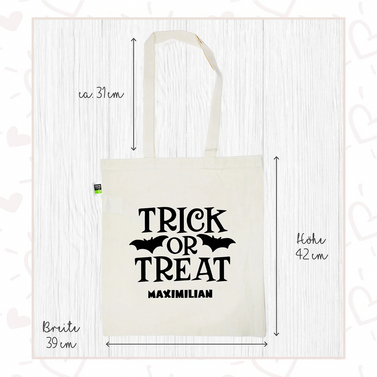 Stofftasche aus Bio- Baumwolle mit Namen | Trick or Treat schwarz