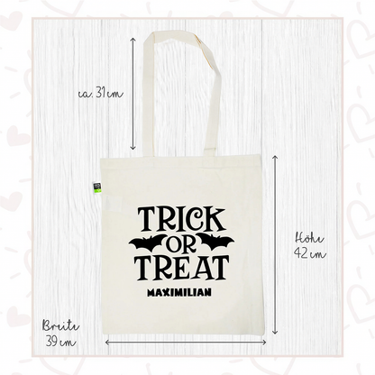 Stofftasche aus Bio- Baumwolle mit Namen | Trick or Treat schwarz