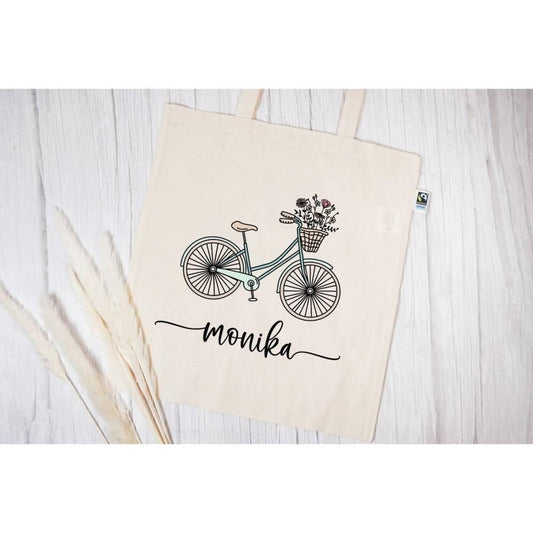Personalisierte Stofftasche mit eigenen Namen oder Wunschname - Motiv: Fahrrad - Grün - verschenkich.de