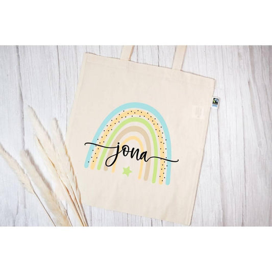 Personalisierte Stofftasche mit eigenen Namen oder Wunschname - Motiv: Regenbogen-Design "Blau-Grün" - verschenkich.de
