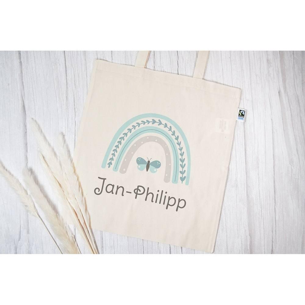 Personalisierte Stofftasche mit Wunschname - Motiv: Regenbogen Blau - verschenkich.de