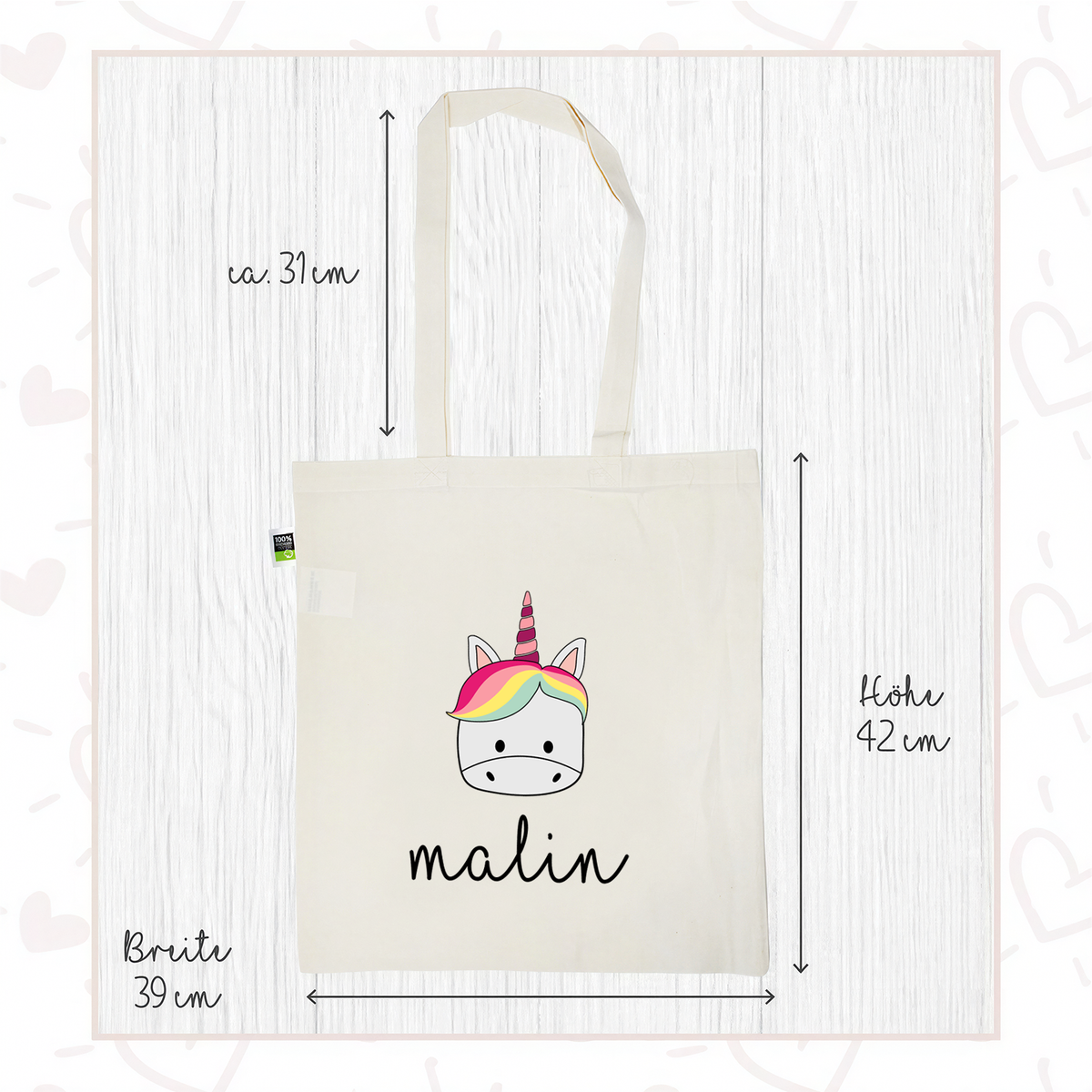 Stofftasche aus Bio- Baumwolle mit Namen | Einhorn