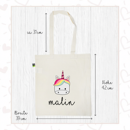 Stofftasche aus Bio- Baumwolle mit Namen | Einhorn