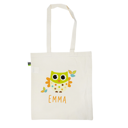 Stofftasche aus Bio- Baumwolle mit Name | Eule mit Blätter