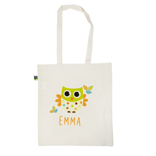 Stofftasche aus Bio- Baumwolle mit Name | Eule mit Blätter