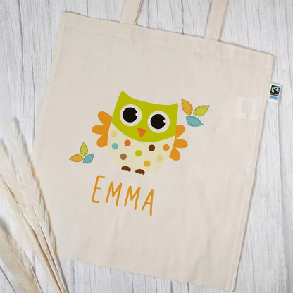 Stofftasche aus Bio- Baumwolle mit Name | Eule mit Blätter