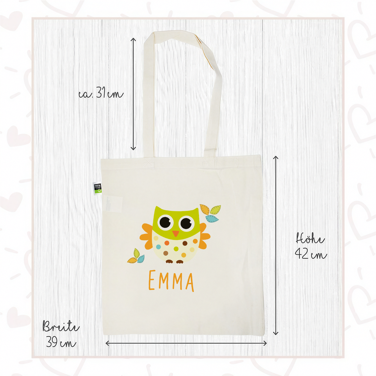 Stofftasche aus Bio- Baumwolle mit Name | Eule mit Blätter