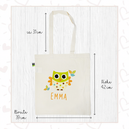 Stofftasche aus Bio- Baumwolle mit Name | Eule mit Blätter