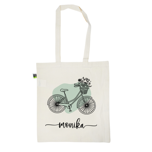 Stofftasche aus Bio- Baumwolle mit Namen | Fahrrad Bubble mint