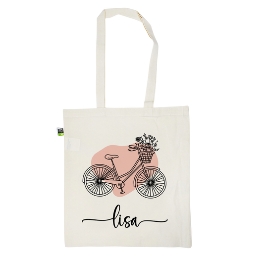 Stofftasche aus Bio- Baumwolle mit Namen | Fahrrad Bubble rosa