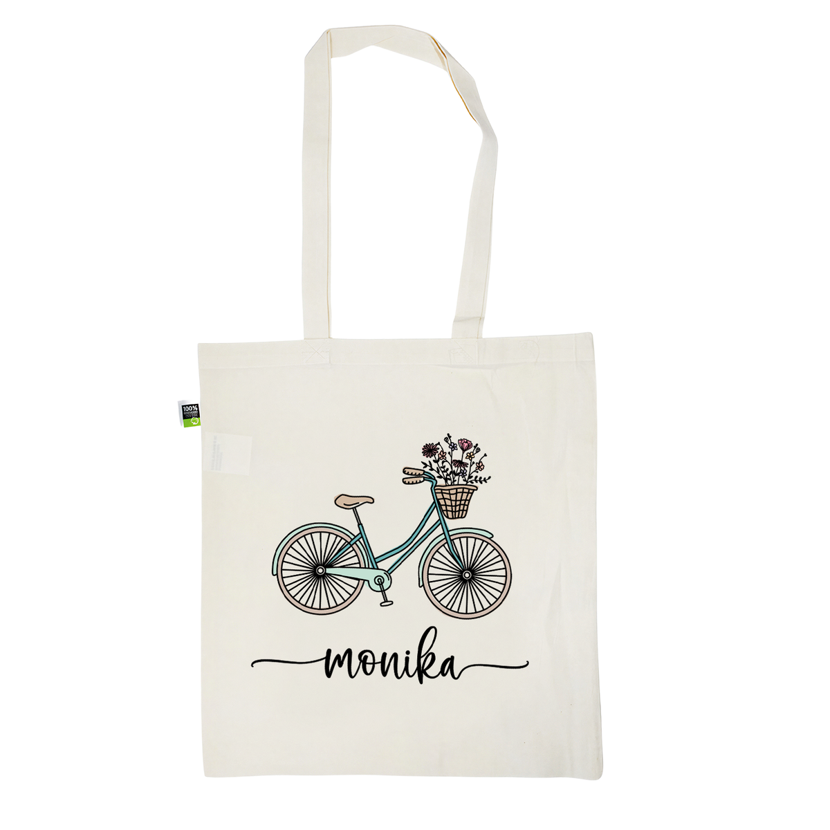 Stofftasche aus Bio- Baumwolle mit Namen | Fahrrad mint