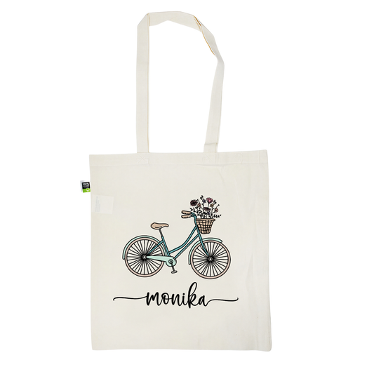 Stofftasche aus Bio- Baumwolle mit Namen | Fahrrad mint