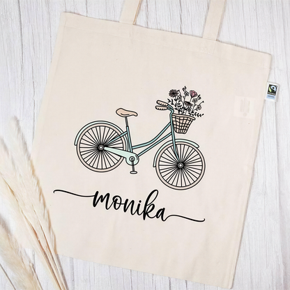 Stofftasche aus Bio- Baumwolle mit Namen | Fahrrad mint