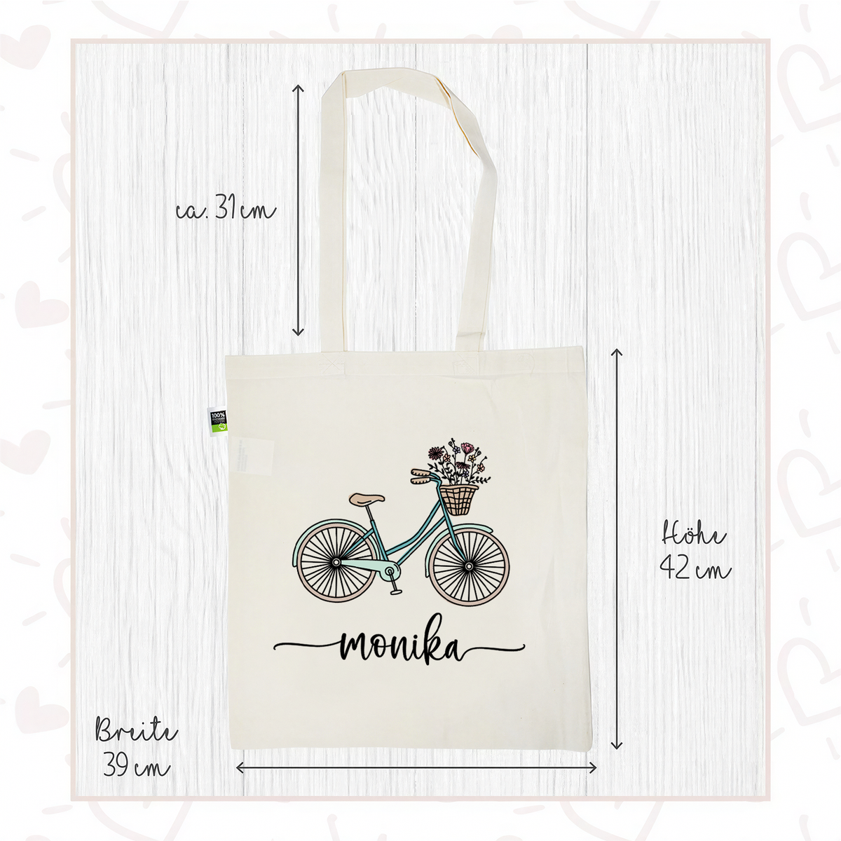 Stofftasche aus Bio- Baumwolle mit Namen | Fahrrad mint