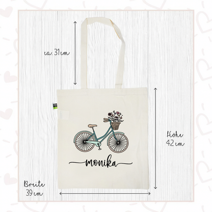 Stofftasche aus Bio- Baumwolle mit Namen | Fahrrad mint