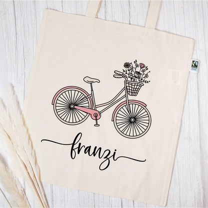 Stofftasche aus Bio- Baumwolle mit Namen | Fahrrad rosa
