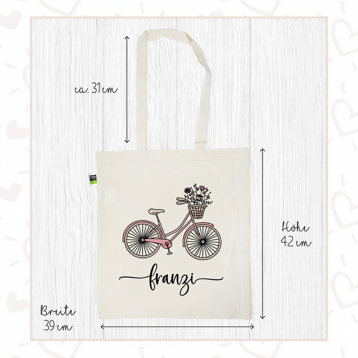 Stofftasche aus Bio- Baumwolle mit Namen | Fahrrad rosa