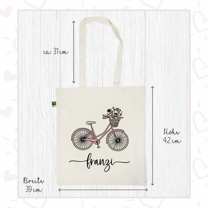 Stofftasche aus Bio- Baumwolle mit Namen | Fahrrad rosa