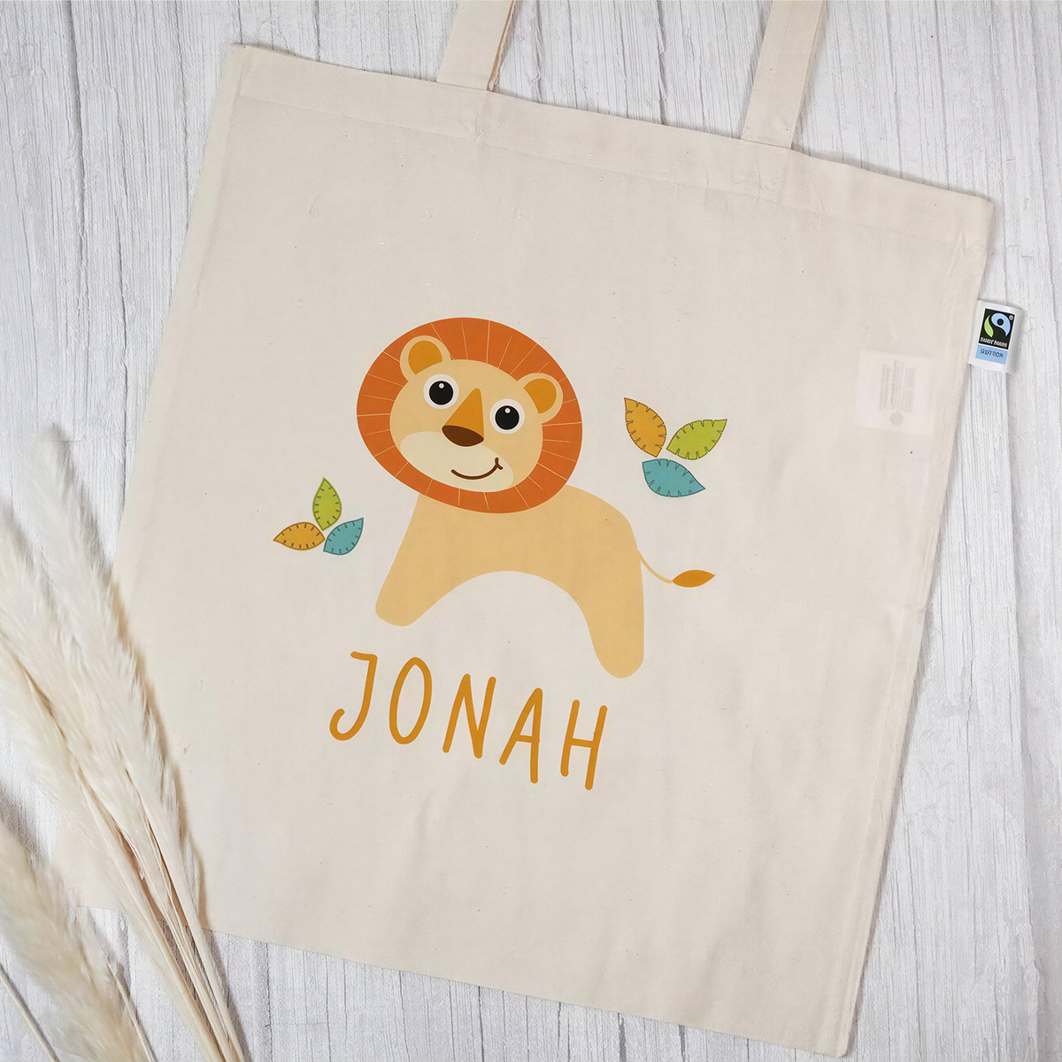 Stofftasche aus Bio- Baumwolle mit Namen | Löwe Blätter