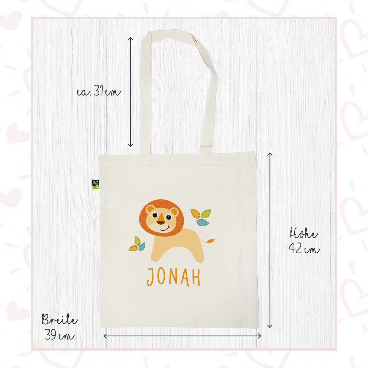 Stofftasche aus Bio- Baumwolle mit Namen | Löwe Blätter