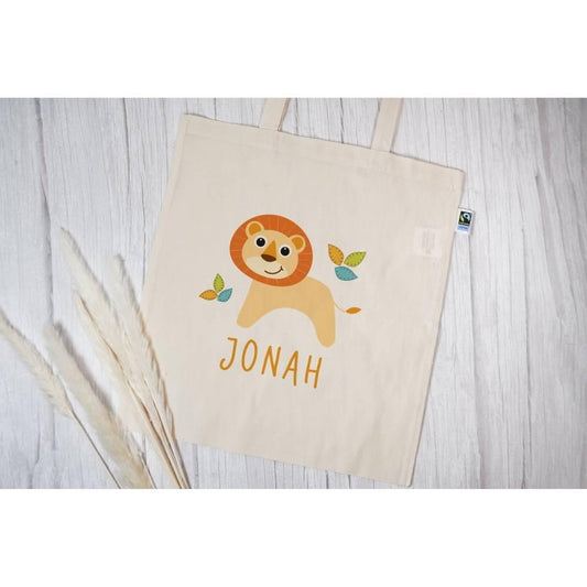 Personalisierte Stofftasche mit Wunschnamen - Motiv: Löwe mit Blätter - verschenkich.de