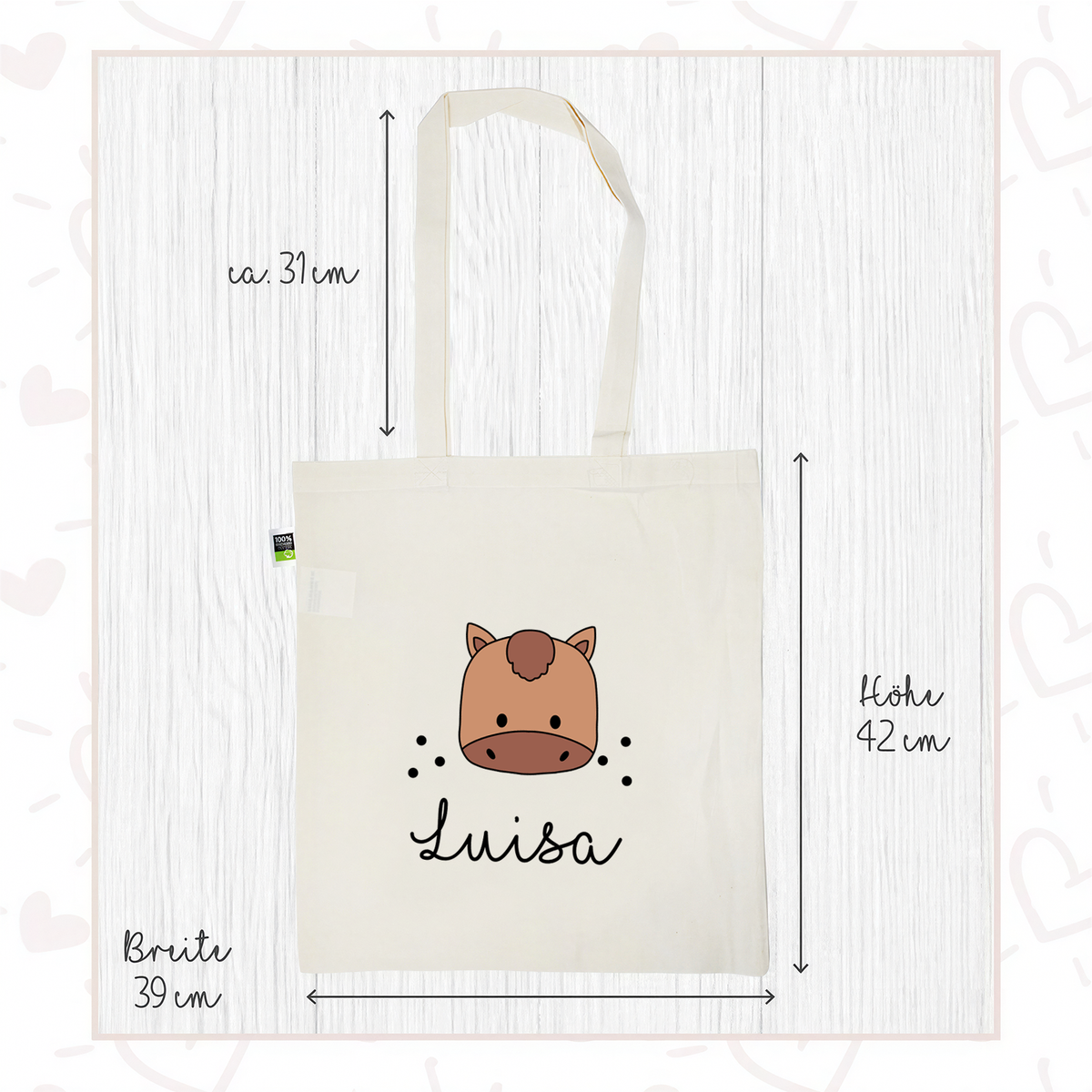 Stofftasche aus Bio- Baumwolle mit Namen | Pferd