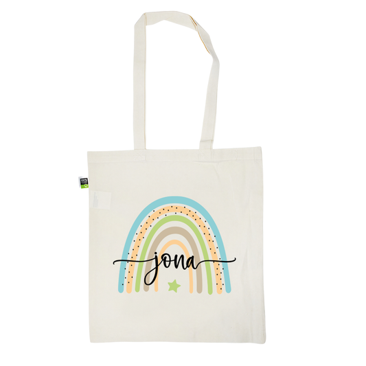 Stofftasche aus Bio- Baumwolle mit Namen | Regenbogen blau- grün