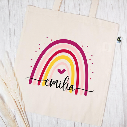 Stofftasche aus Bio- Baumwolle mit Name | Regenbogen bunt