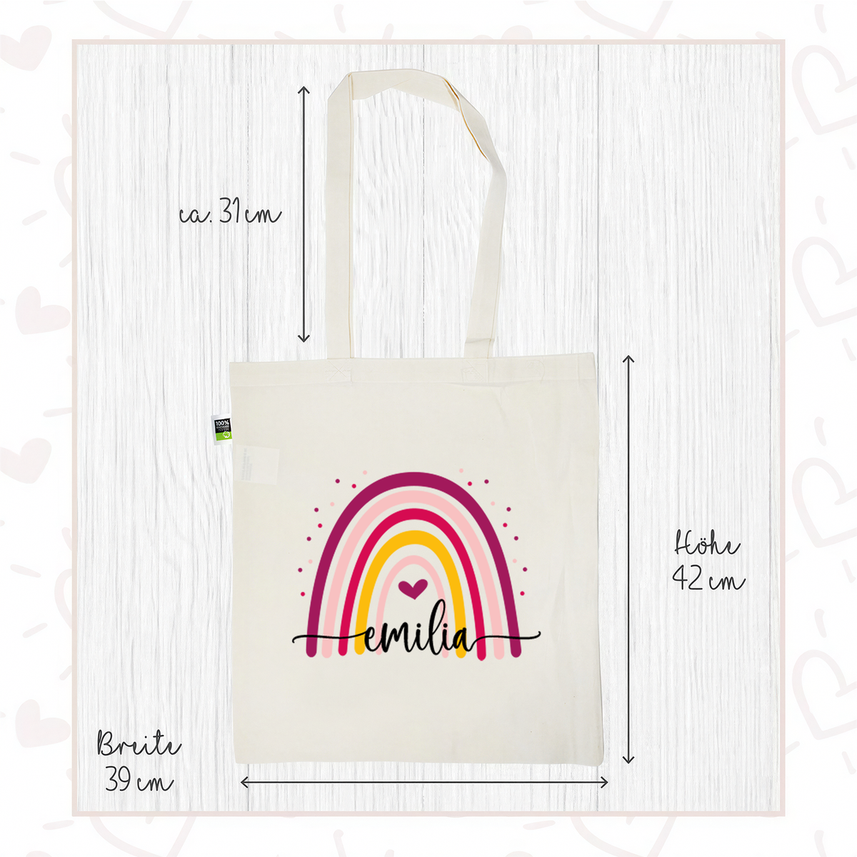 Stofftasche aus Bio- Baumwolle mit Name | Regenbogen bunt