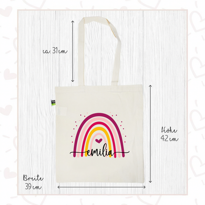 Stofftasche aus Bio- Baumwolle mit Name | Regenbogen bunt