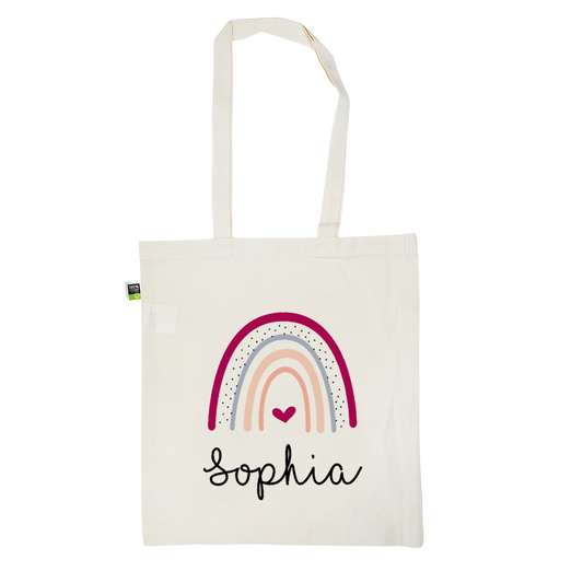 Stofftasche aus Bio- Baumwolle mit Name | Regenbogen Herz