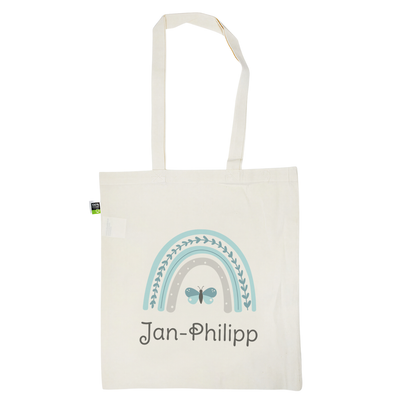 Stofftasche aus Bio- Baumwolle mit Name | Regenbogen mint + Schmetterling