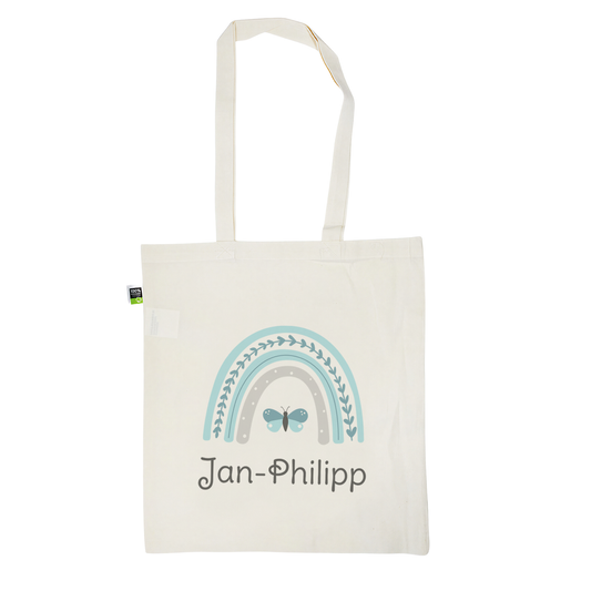 Stofftasche aus Bio- Baumwolle mit Name | Regenbogen mint + Schmetterling