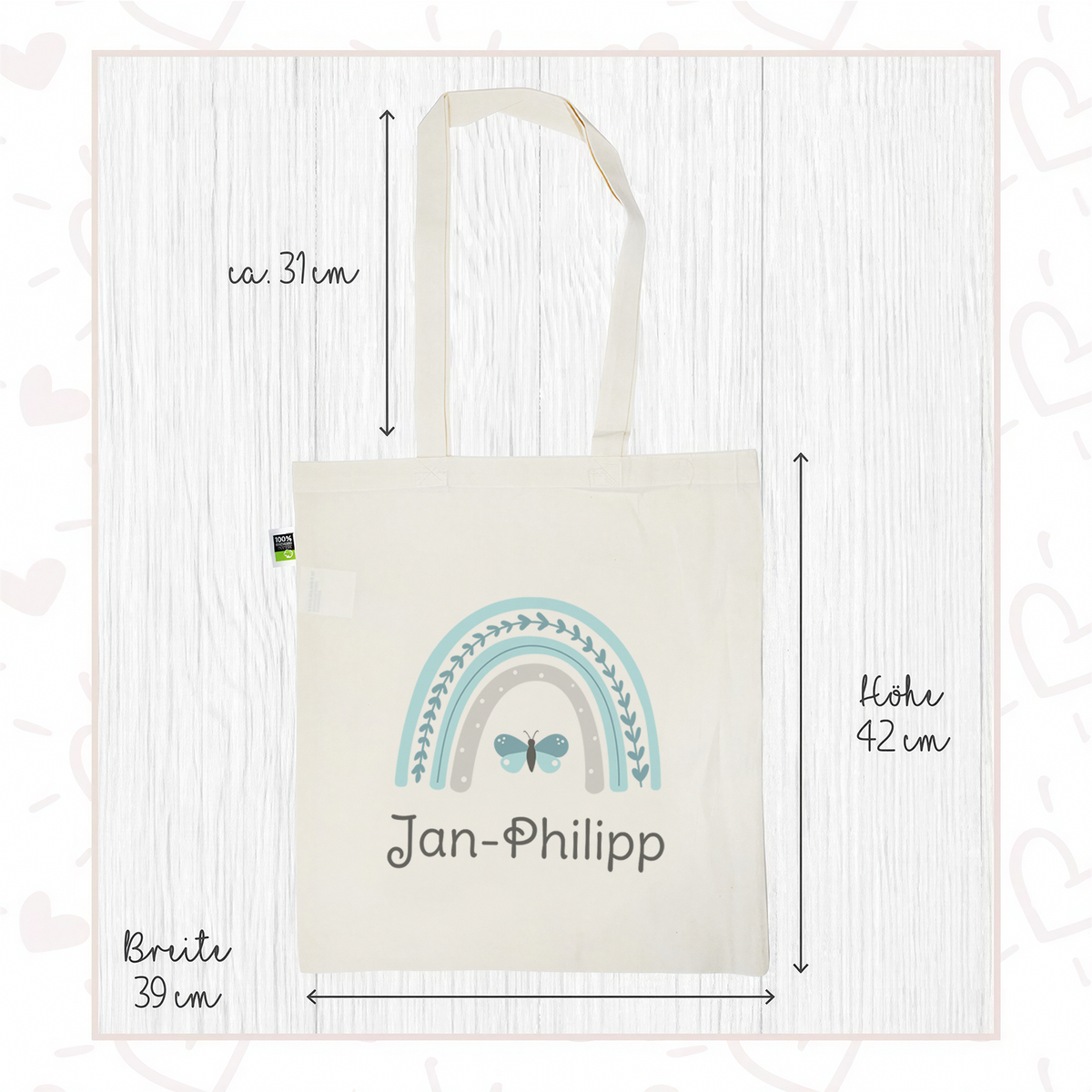 Stofftasche aus Bio- Baumwolle mit Name | Regenbogen mint + Schmetterling