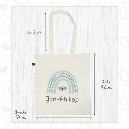 Stofftasche aus Bio- Baumwolle mit Name | Regenbogen mint + Schmetterling
