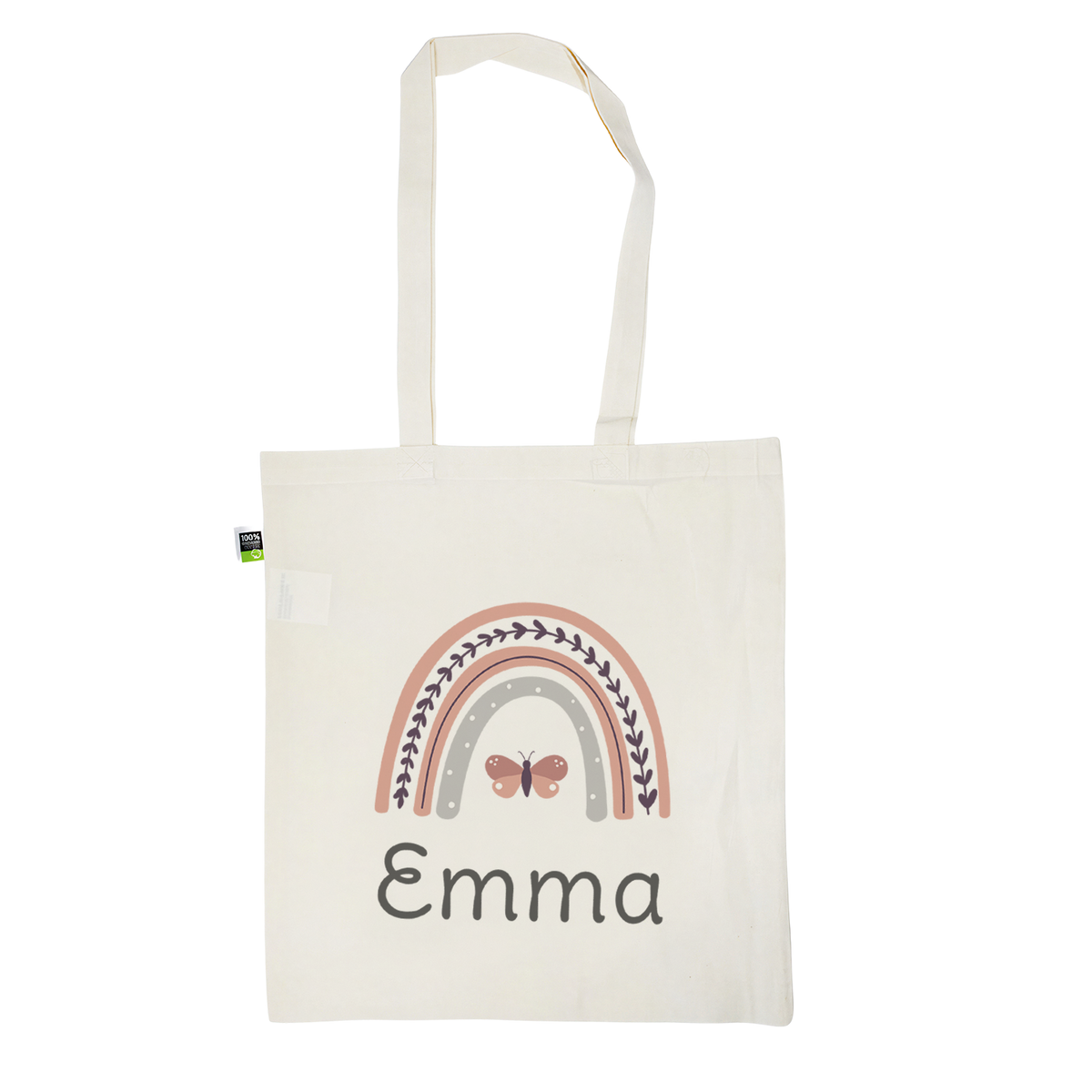 Stofftasche aus Bio- Baumwolle mit Name | Regenbogen rosa + Schmetterling
