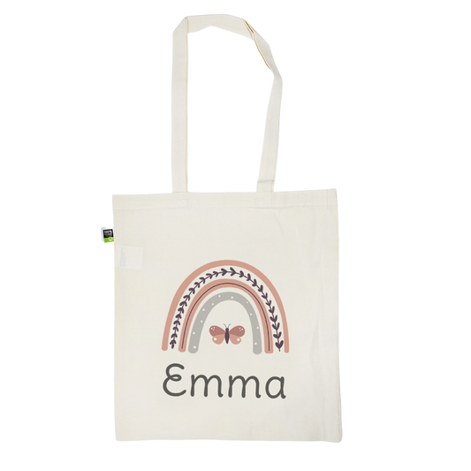 Stofftasche aus Bio- Baumwolle mit Name | Regenbogen rosa + Schmetterling