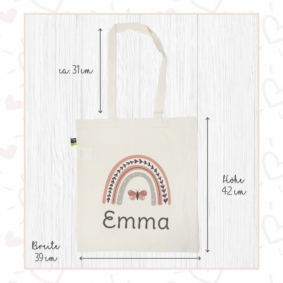 Stofftasche aus Bio- Baumwolle mit Name | Regenbogen rosa + Schmetterling