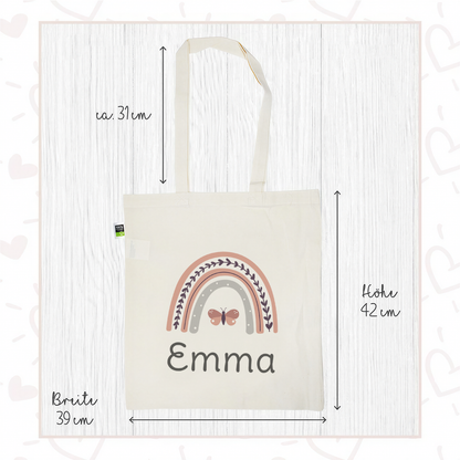 Stofftasche aus Bio- Baumwolle mit Name | Regenbogen rosa + Schmetterling