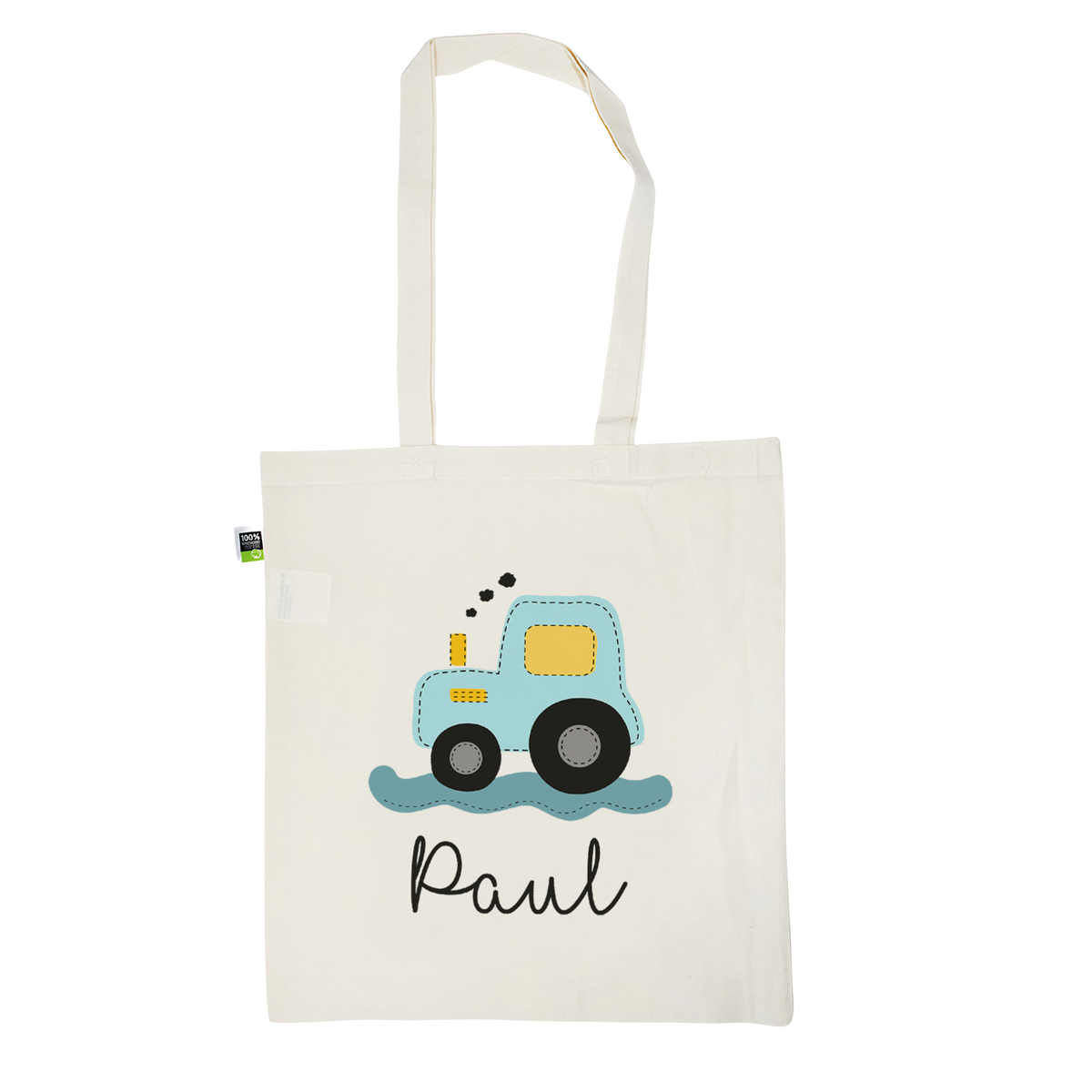Stofftasche aus Bio- Baumwolle mit Namen | Traktor blau