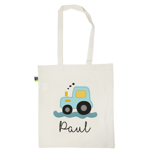 Stofftasche aus Bio- Baumwolle mit Namen | Traktor blau