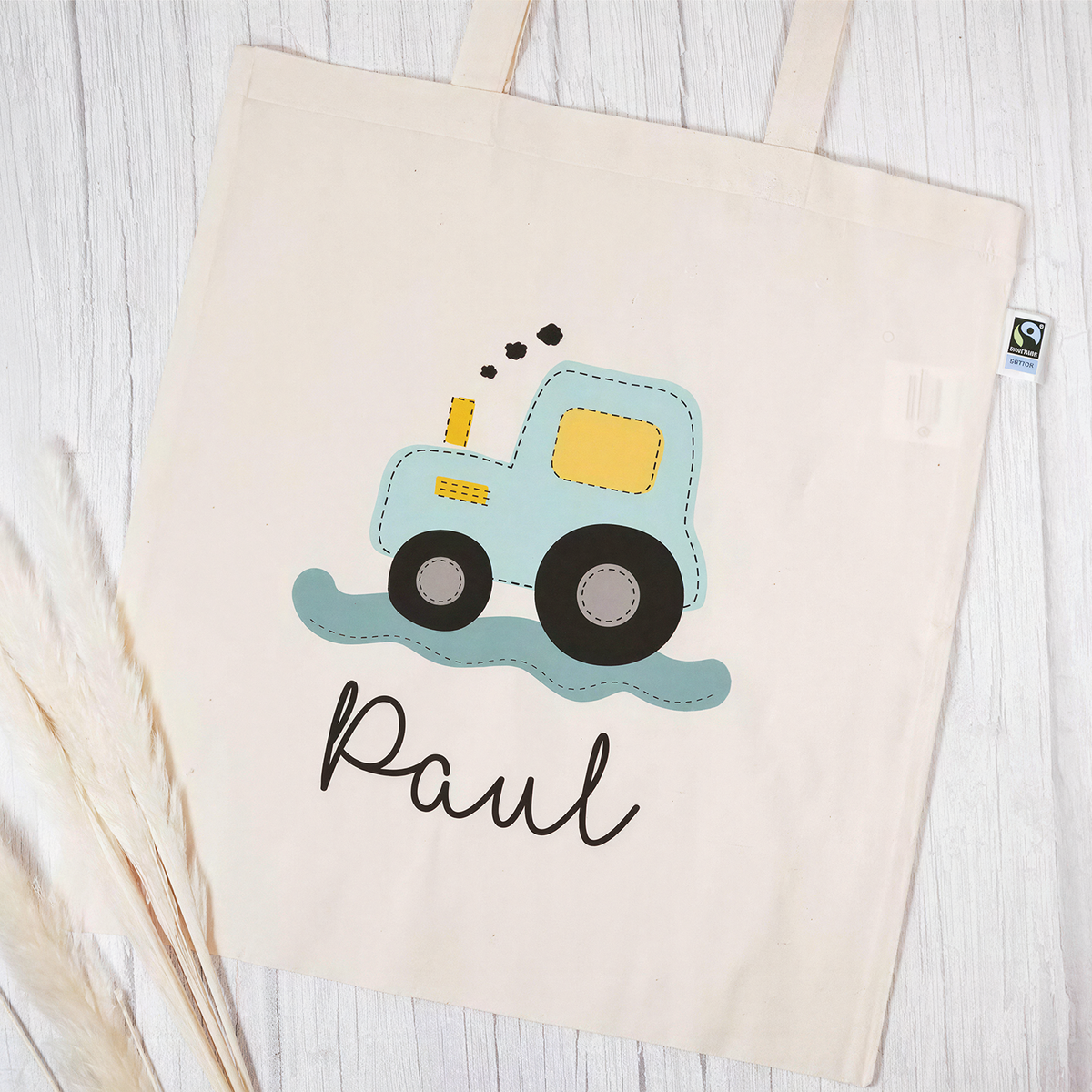Stofftasche aus Bio- Baumwolle mit Namen | Traktor blau