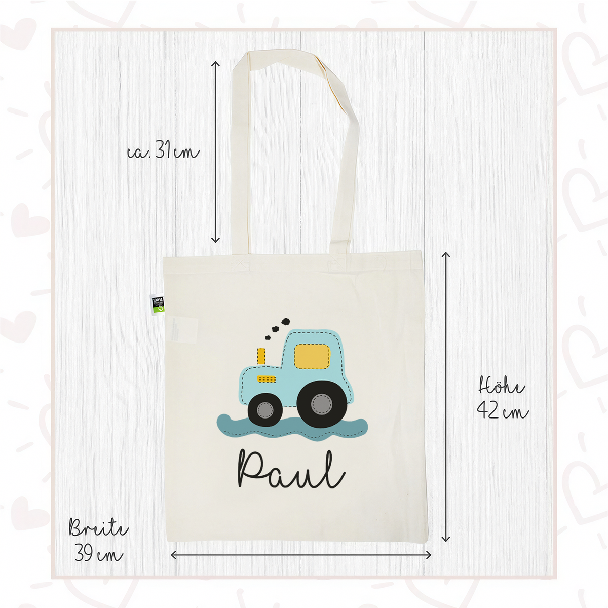 Stofftasche aus Bio- Baumwolle mit Namen | Traktor blau