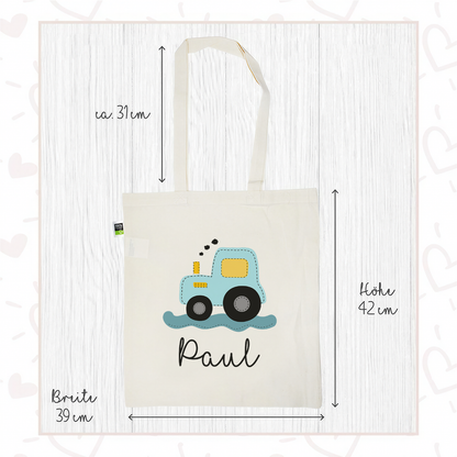 Stofftasche aus Bio- Baumwolle mit Namen | Traktor blau