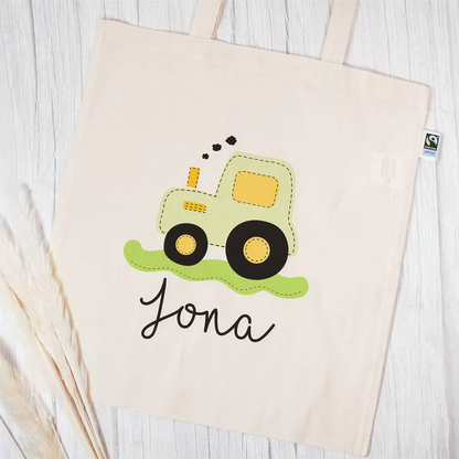Stofftasche aus Bio- Baumwolle mit Namen | Traktor grün