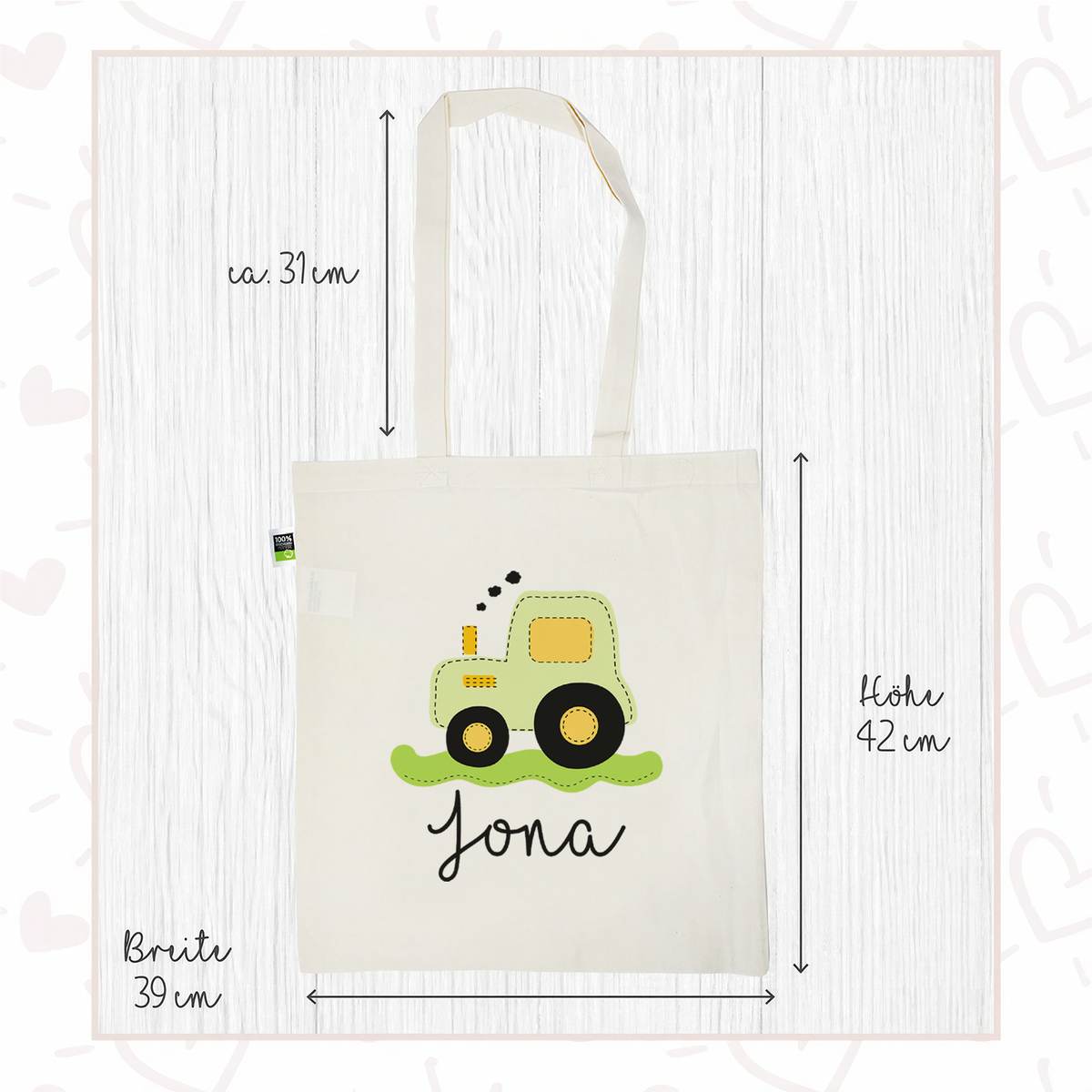 Stofftasche aus Bio- Baumwolle mit Namen | Traktor grün
