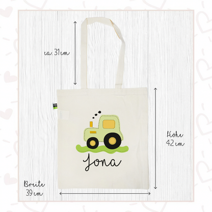 Stofftasche aus Bio- Baumwolle mit Namen | Traktor grün