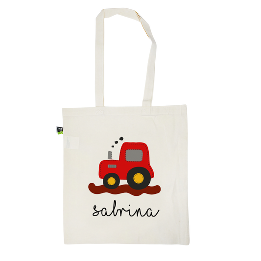 Stofftasche aus Bio- Baumwolle mit Namen | Traktor rot